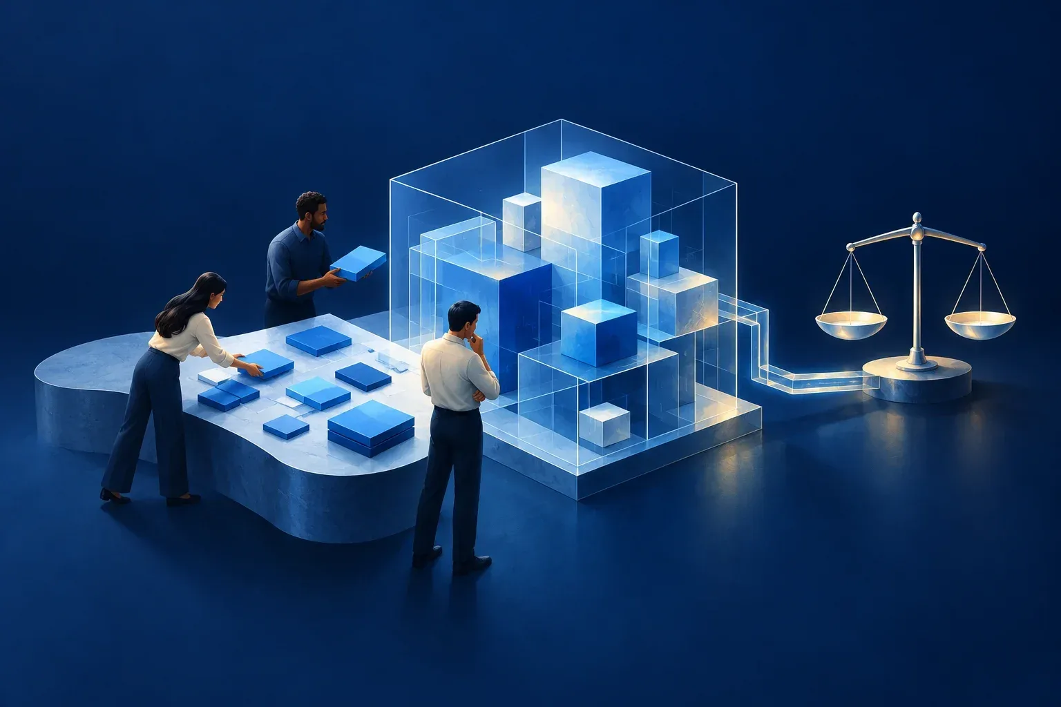 A learning workshop connects small blue lesson tiles to an AI workload model and a balanced resource scale.