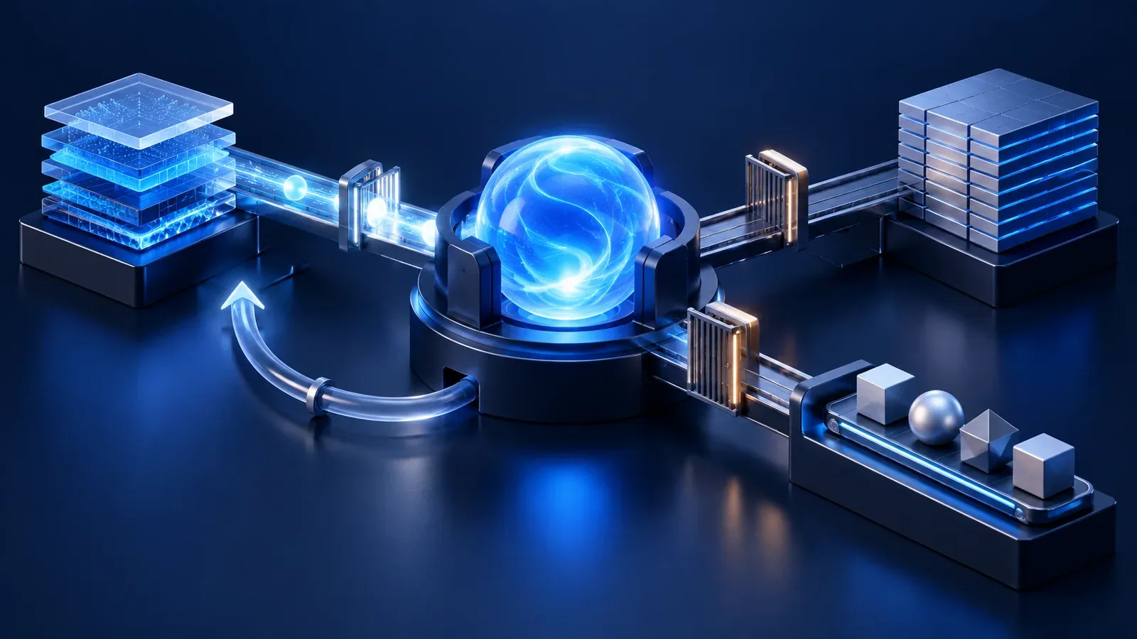 Conceptual blue agent core connected to enterprise modules through controlled gates, with a return path suggesting recovery.