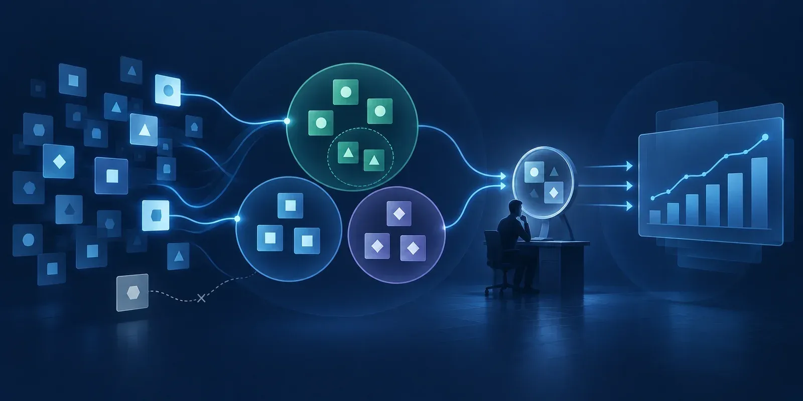 Conceptual business data tiles grouped into blue domains, with traceable paths through a review checkpoint to an analytics chart.