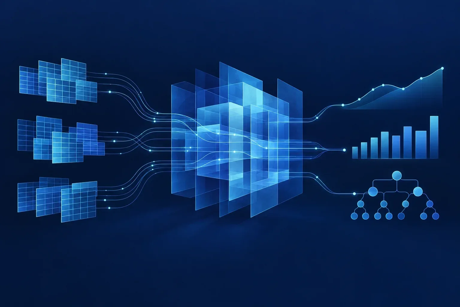 Distributed data tables connect through a central semantic framework to consistent analytical outputs, illustrated in navy and blue.