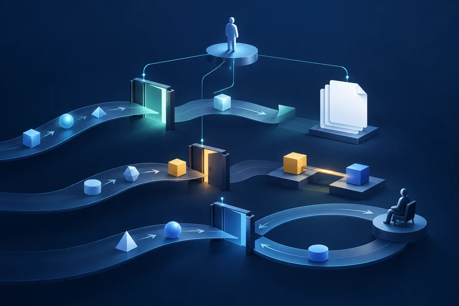 Abstract enterprise workflows pass through adjustable blue gates, with a human control point governing which actions continue.