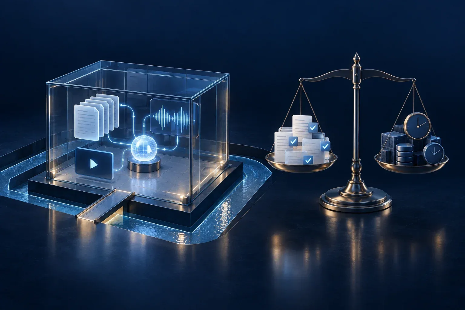 An isolated blue enclosure holds documents and an AI search core, beside a balance comparing useful answers with infrastructure and operating effort.