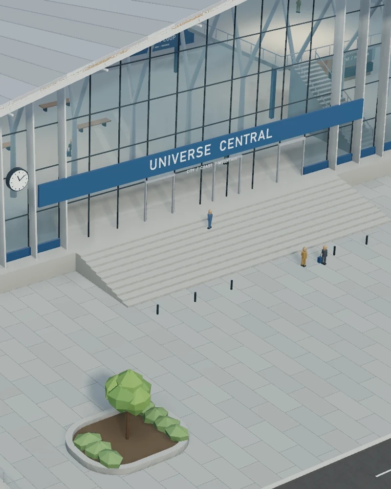 A close glimpse of the glass facade and steps at Universe Central station.