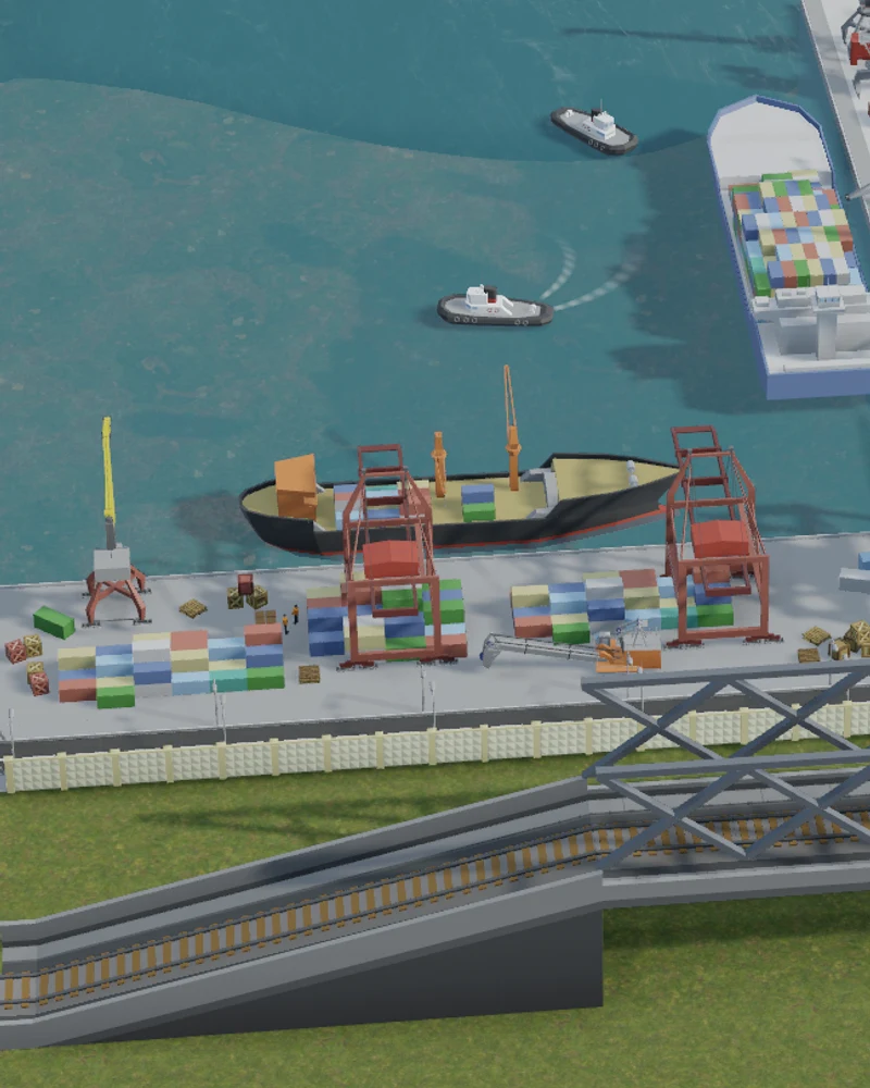 Harbour cranes and a cargo ship, framed against a small stretch of blue water.